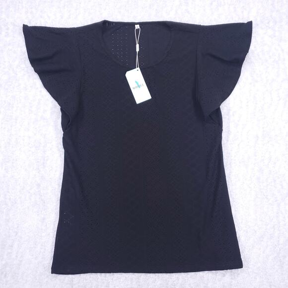 NWT Embroidered Eyelet Blouse Top Sz M Black Flutter Sleeves Geometric Beach - Picture 1 of 9